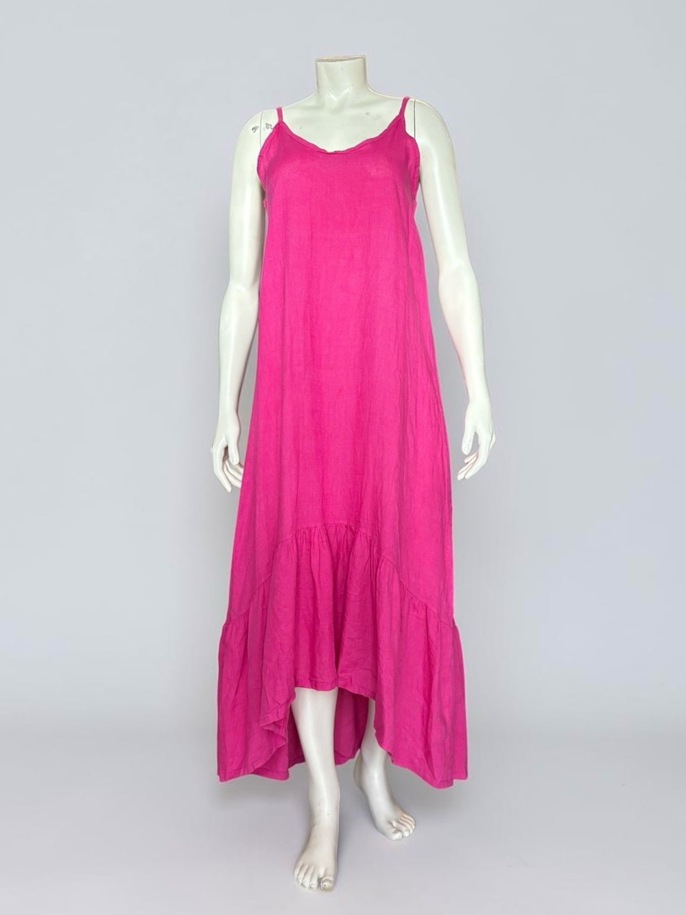 100% Linen Terzo Millennio Hi-Lo Maxi Dress Hot Pink Size Small Made In Italy